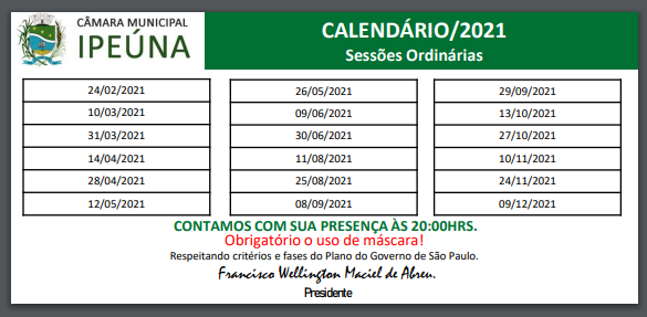 Calendário de Sessões Ordinárias 2021